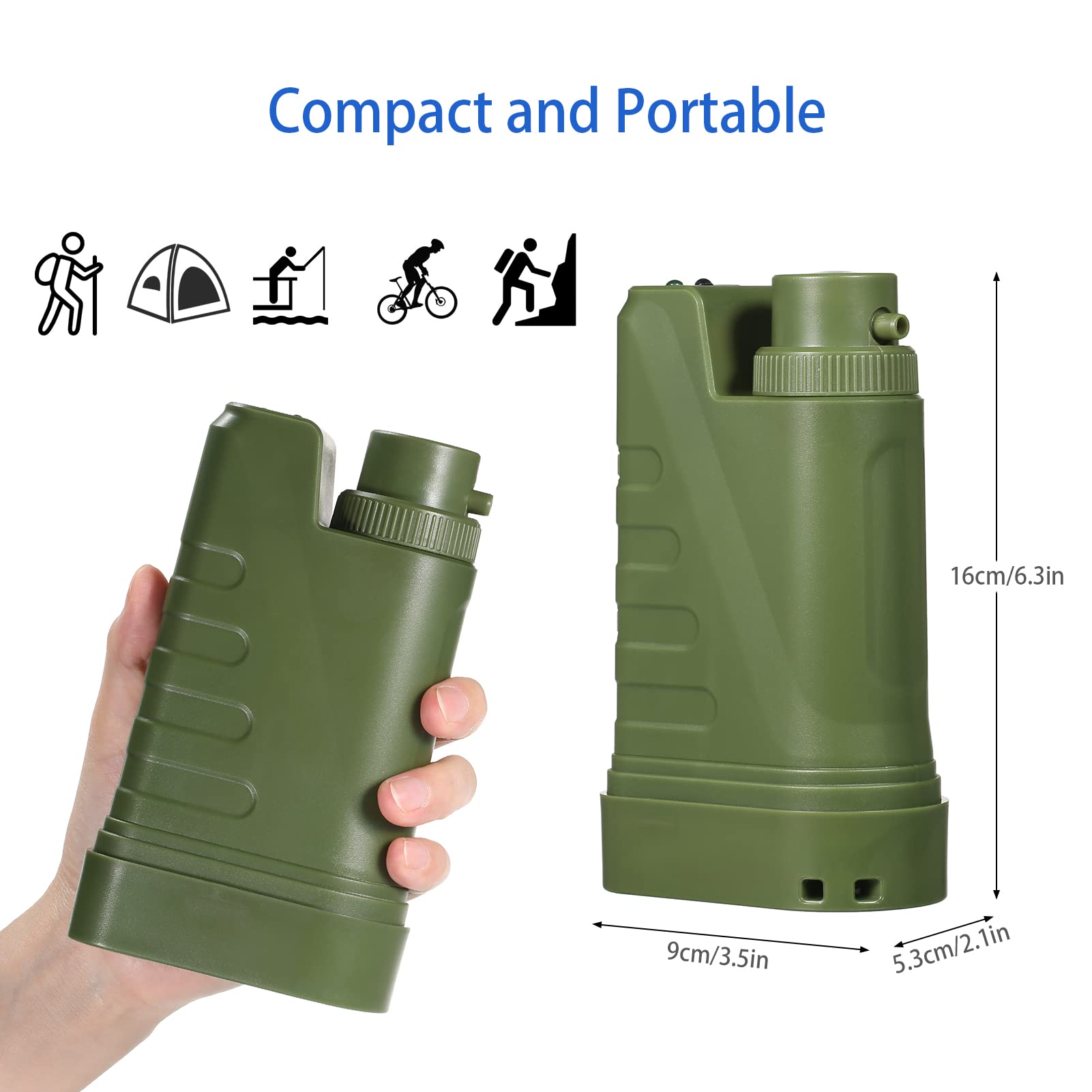 Jemora Sistema di filtraggio dell'acqua elettrico Kit di sopravvivenza Filtro dell'acqua portatile alimentato tramite USB con luce notturna e bussola per campeggio all'aperto Escursionismo Zaino in sp