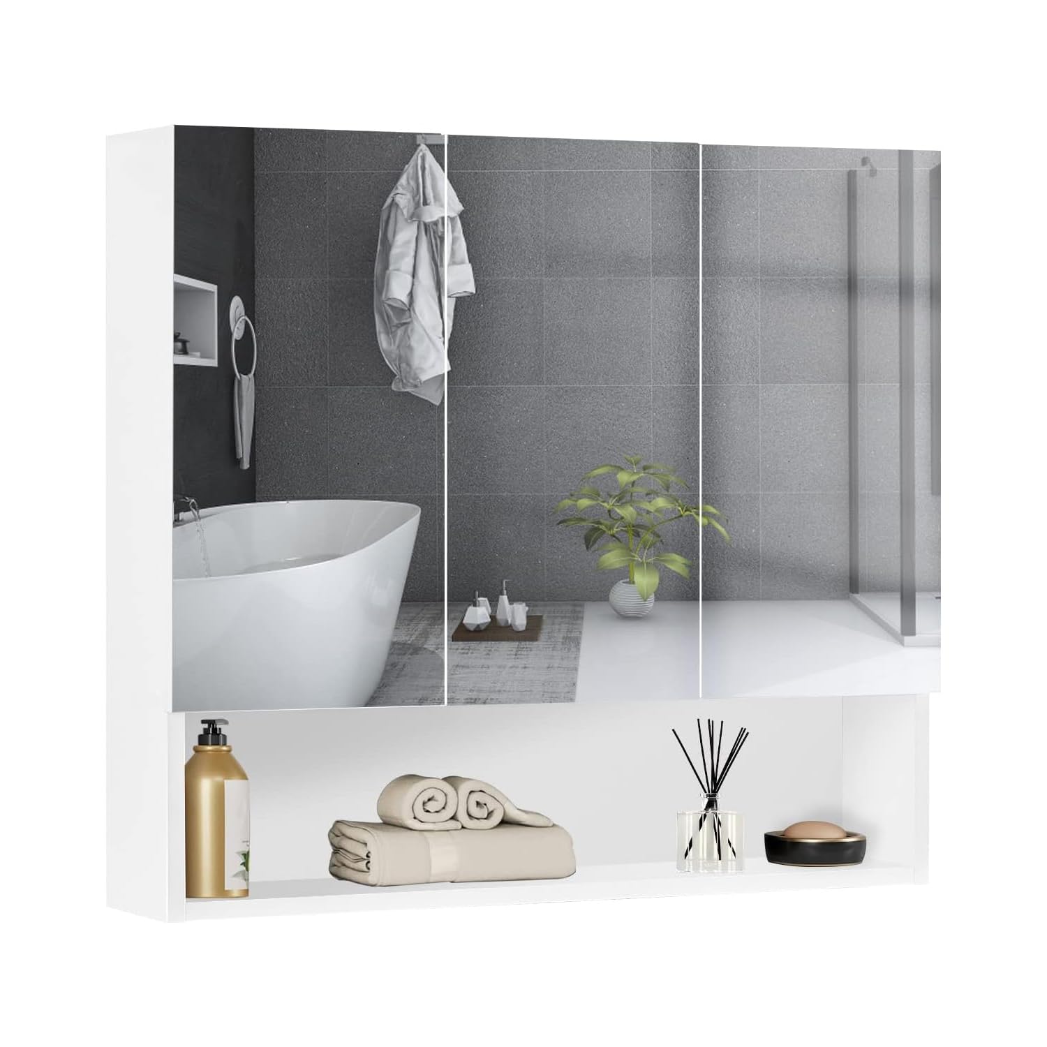 CLIPOP Armarios con Espejo para Baño, Montado en la Pared, 3 Puertas Armario de Baño con Estante Abierto y Estantes Ajustables, Armarios con Espejo for Dormitorio, Sala de Estar