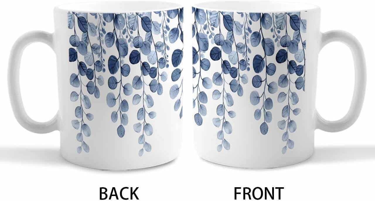 BEMIGO Ceramic Coffee Mug Blue Eucalyptus Leaf Ceramic Mug White Cup, Summer Leaves Insulated Coffee Cup with Handle with Pattern Perfect for Tea and Hot Beverages, 12oz