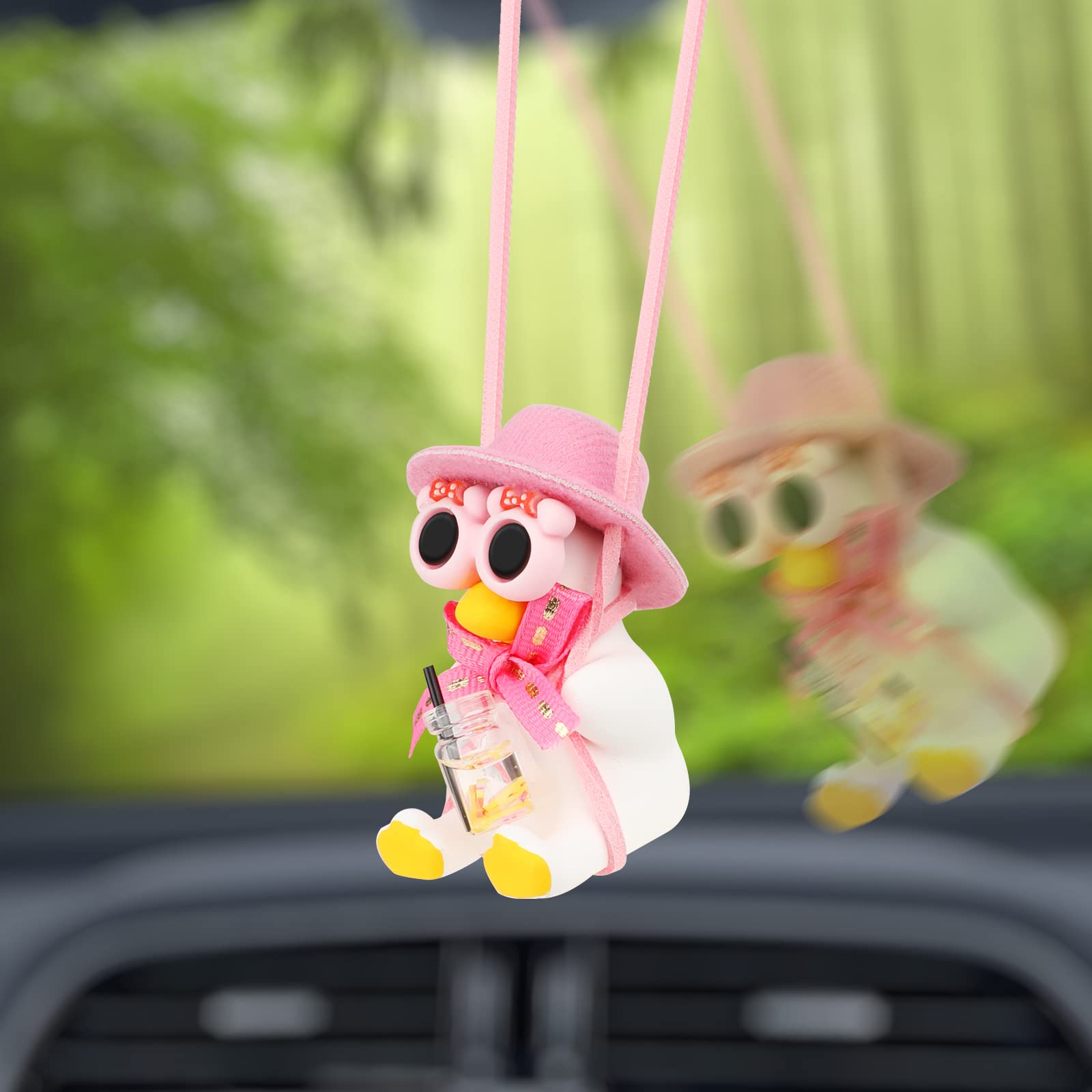 Ornamento Specchietto Auto A Forma Di Anatra Oscillante | Pendente Divertente Con Cappellino Rosa