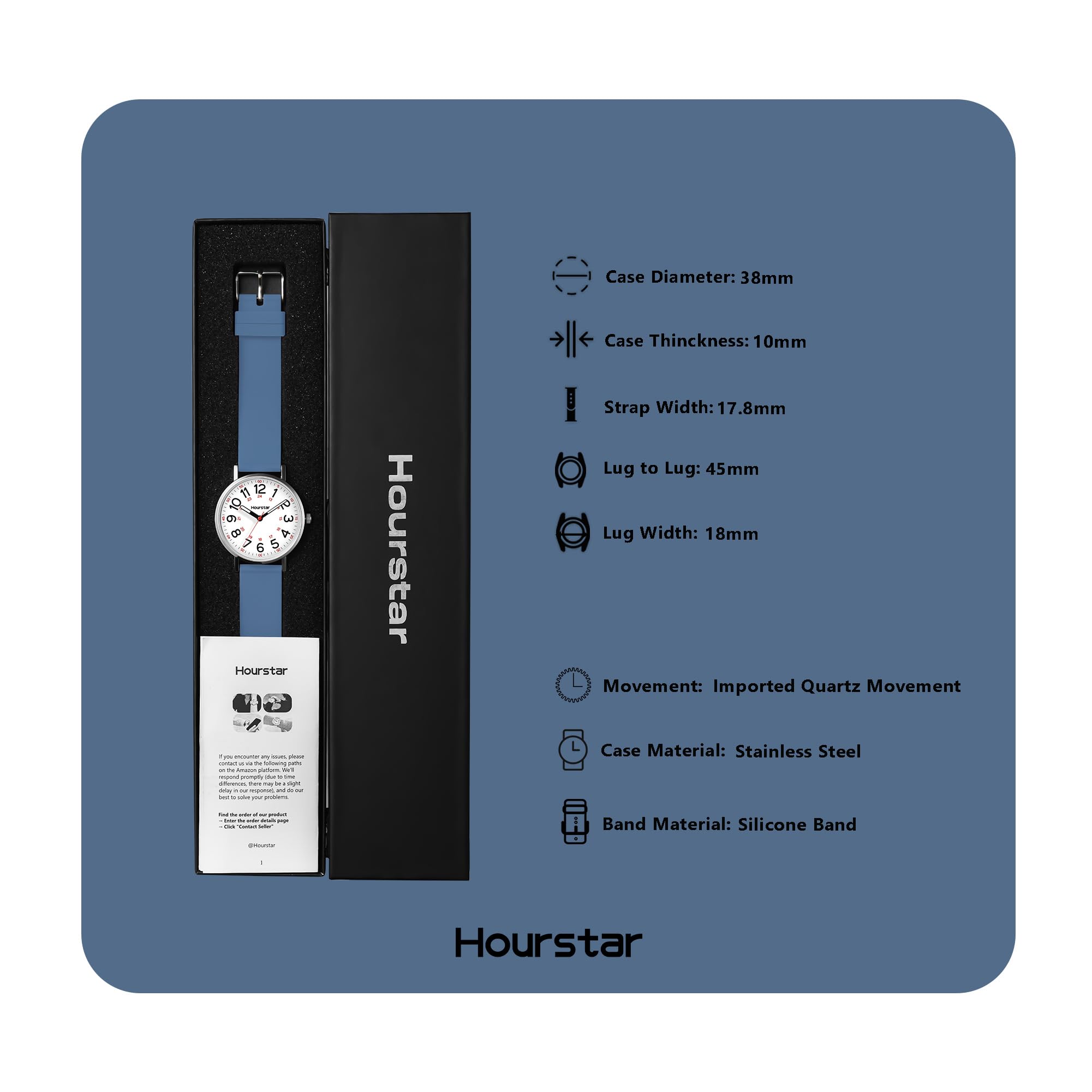 Reloj analógico de enfermera para mujer con segunda mano para enfermería, 12/24 horas, correa de silicona, fácil lectura (azul)