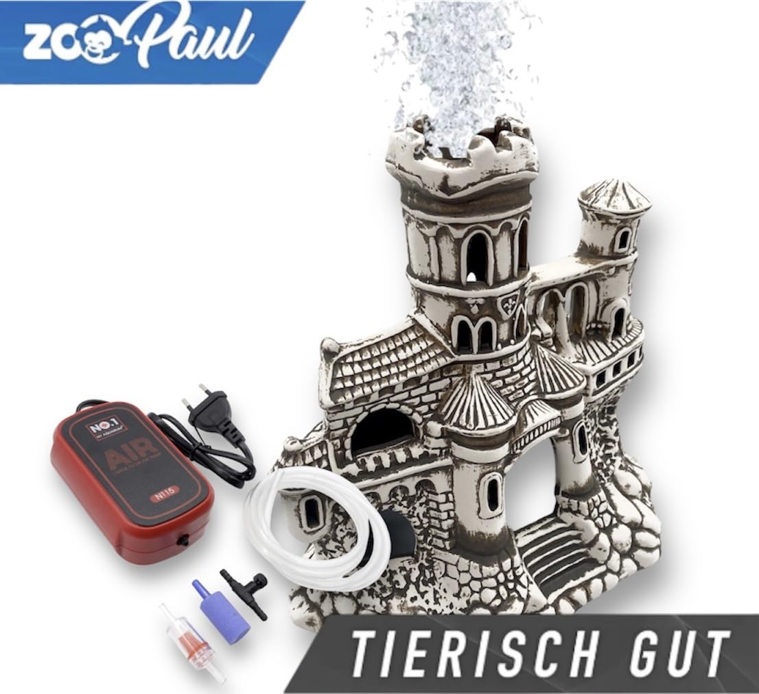 ZooPaul Sprudel Set Keramik Deko und Pumpe + Zubehör Dekoration Aquarium XL Burg Schloss Gebäude groß