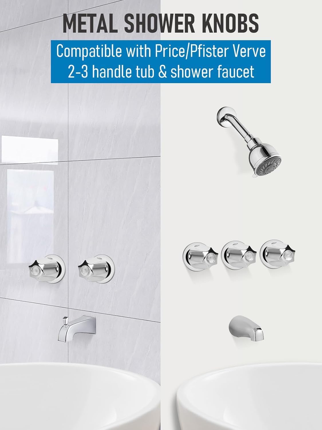Set of 3 Shower Knob Replacement Metal Bathtub Knobs Replacement Remodel Trim Kit Include Hot Cold and Diverter，Shower knob Replacement (Polished Chrome)