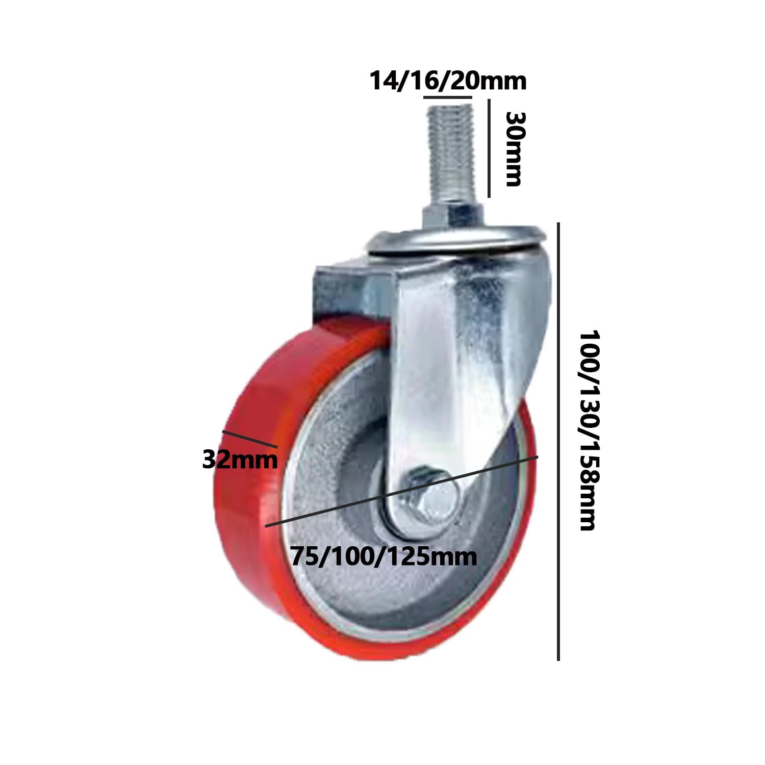 Ruote Girevoli con Perno Filettato M14 M16 M20, 75/100/125mm Pesanti PU Filettato Rotelle, AntiGraffio Ruota Industriali con Freno Set di 4(3inch,M16*30)