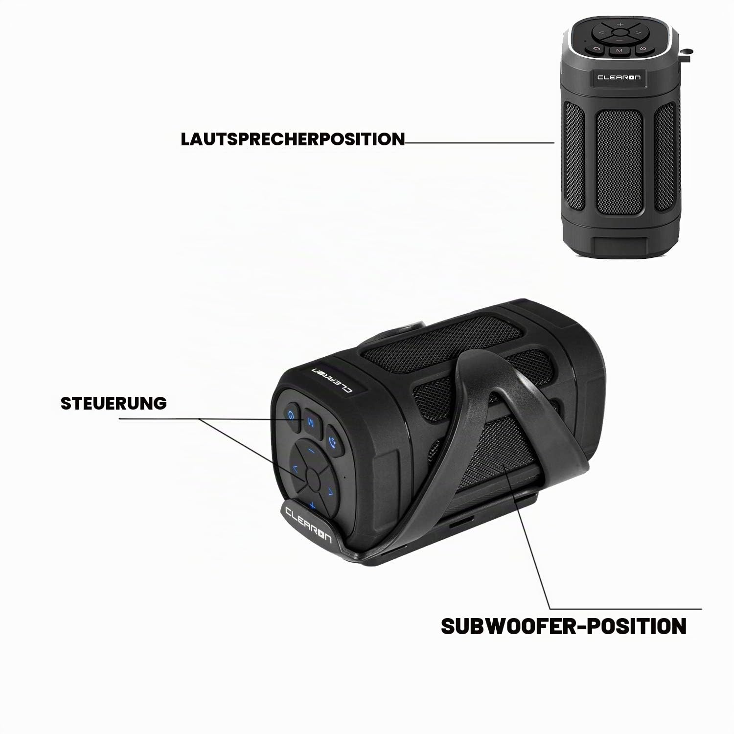 Tragbarer Bluetooth 4.0-Lautsprecher von CLEARON - Kabelloser wasserdichter Lautsprecher mit Fahrradhalterung & Fernbedienung - Premium Klangqualität &
