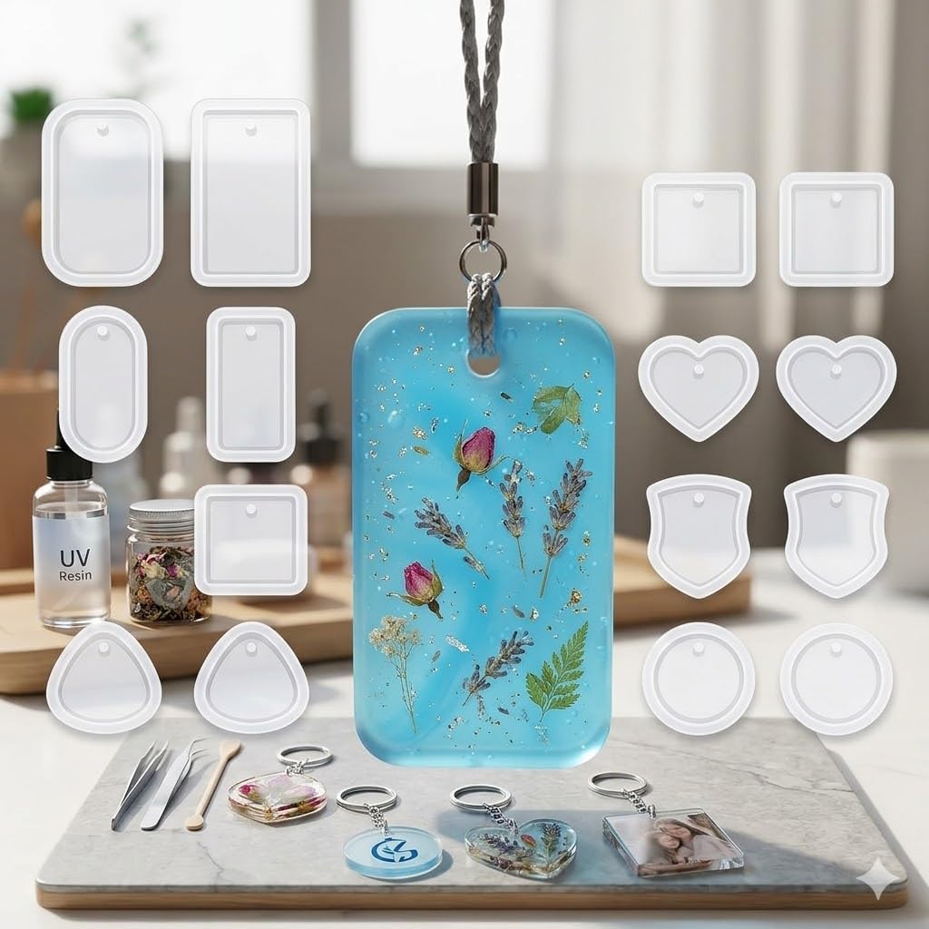 Resin Keychain Molds 12 PCS, Rectangle Silicone Molds for Resin Keychain with Heart Square Circle Shield Shape, Small Resin Molds for Epoxy Casting, Silicone Keychain Mold for DIY Jewelry Pendant