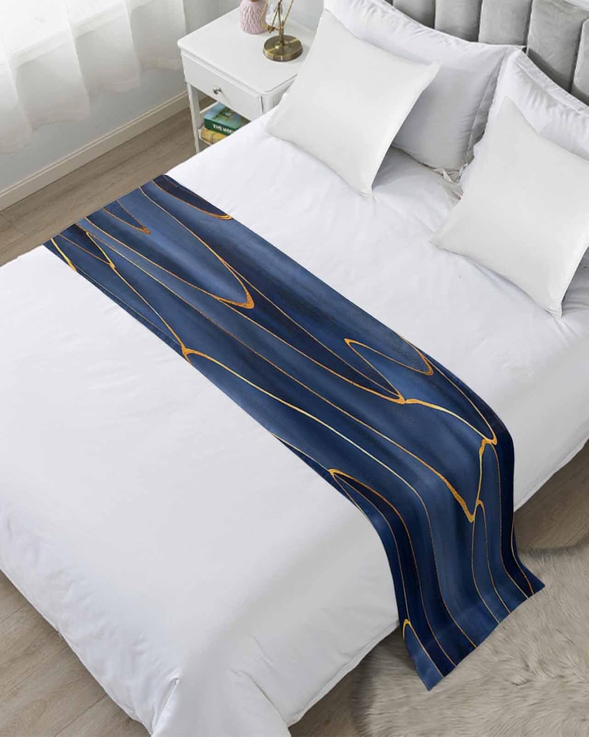 Navy Blue Gold Bed Runner Scarf Cal King Size,Boho Marble Abstract Geometric Striped Luxury Bed Throw Runners & Scarves for Twin Full Queen King Foot of Bed Bedroom Hotel Wedding Decoration,102"x20"