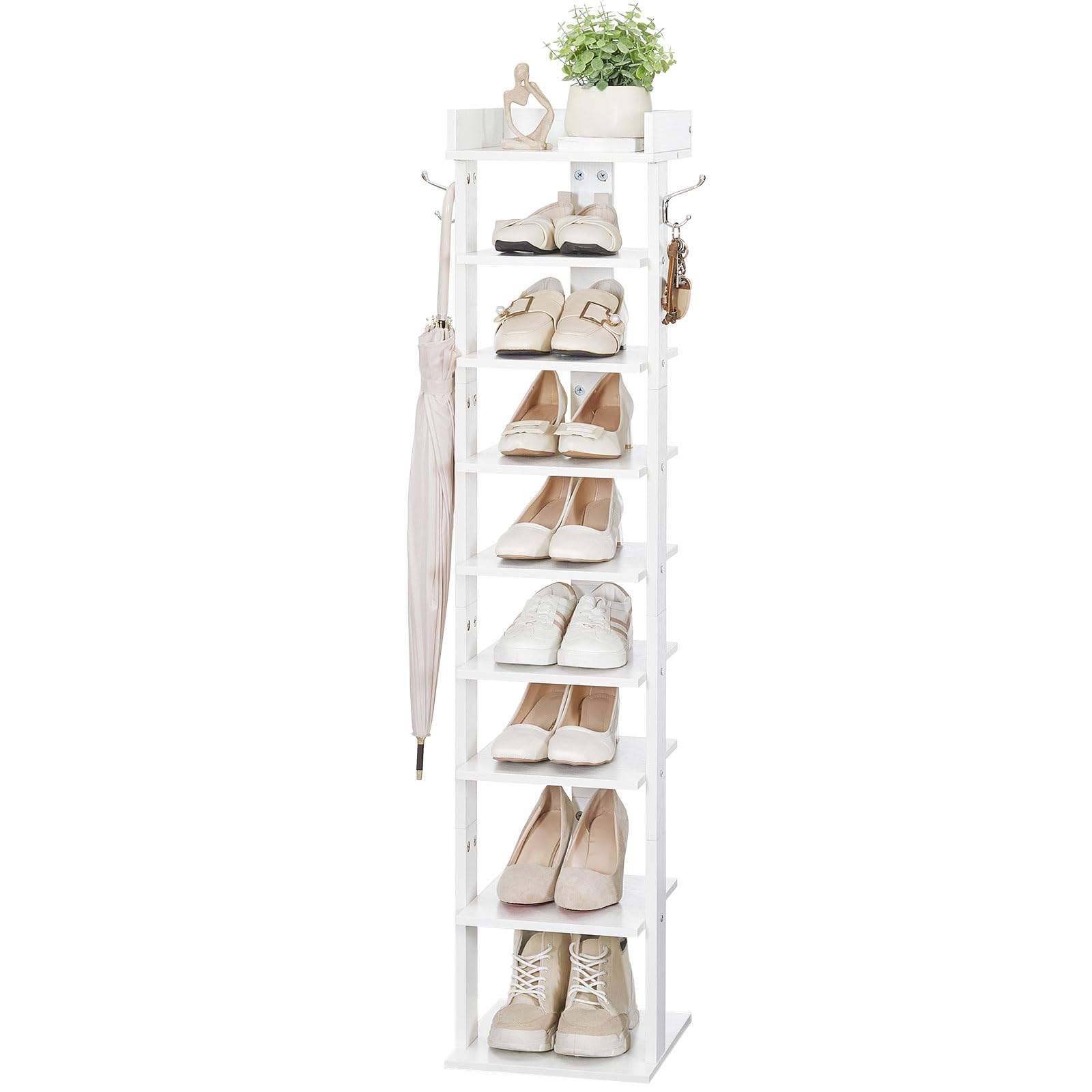 HOOBRO Zapatero, Zapatero Estrecho, Mueble Zapatero de 9 Niveles, Estante Zapatero con 2 Ganchos, Ahorro de Espacio, para Entrada, Salón, Dormitorios, Blanco EWT81XJ01G2