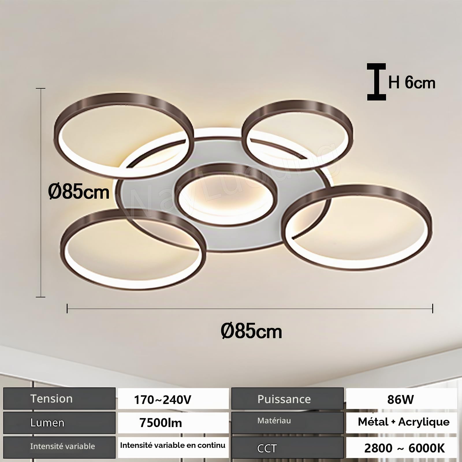 Plafonnier LED | Plafonnier De Salon Moderne À 6 Anneaux | Cercle Rond Noire 86W/Ø85cm | Plafonniers De Chambre | 2700K-6500K Dimmable Avec Télécommande | Lampe De Plafond D'Intérieur De Restaurant