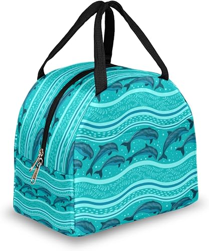 Bolsa de almuerzo con diseño de delfín de olas turquesas aisladas para hombres y mujeres, bolsa de almuerzo a prueba de fugas, bolsa de preparación