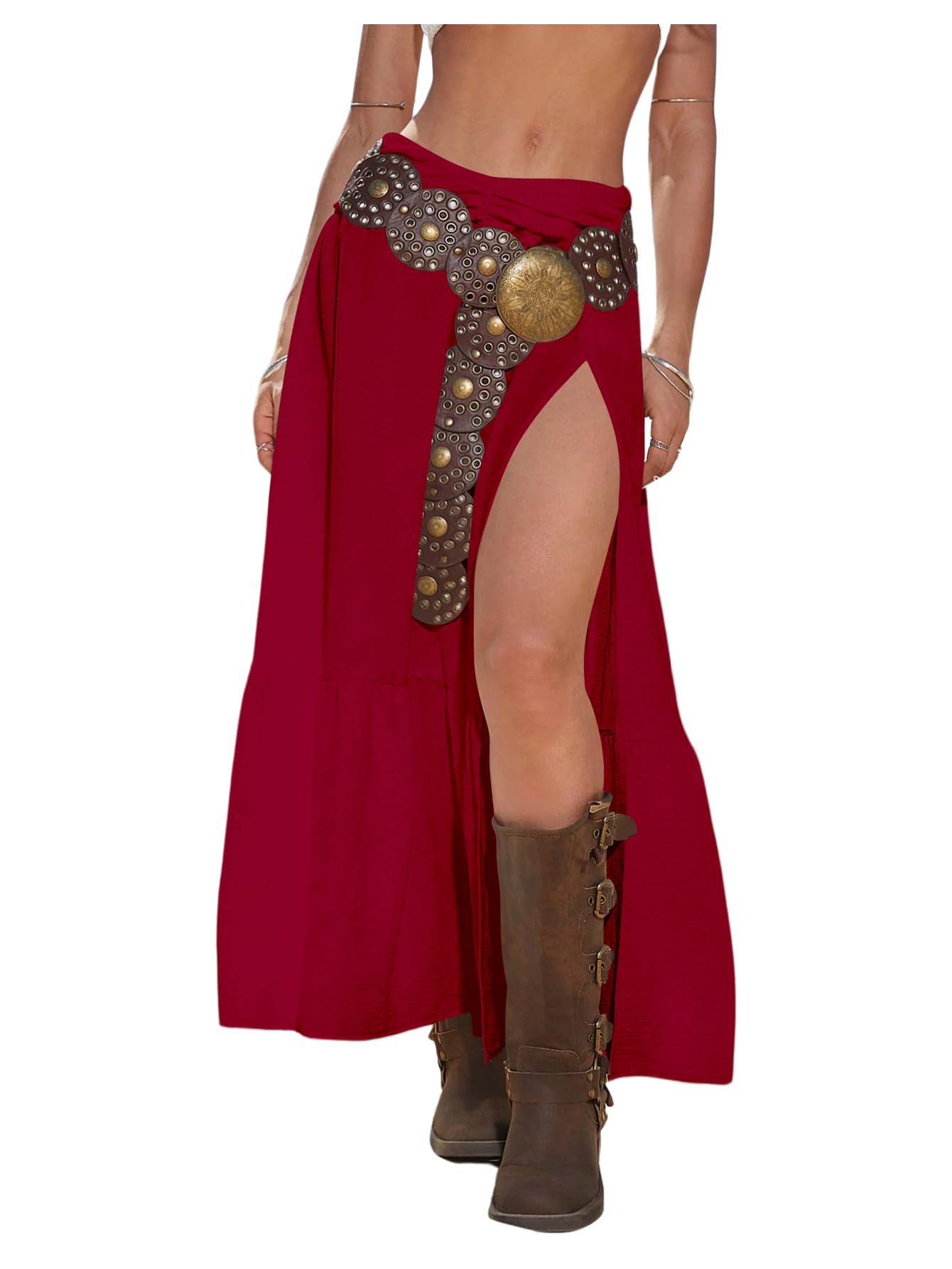 SHENHE Women's Boho Western Low Rise Maxi Skirt Ruffle High Slit Country Cowgirl Skirts