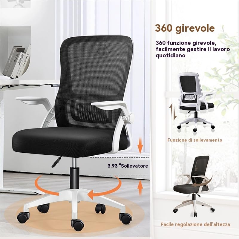 Sedia da Ufficio Ergonomica - Sedia Girevole in Rete Traspirante con Braccioli Ribaltabili e Supporto Lombare per Computer - Ufficio Domestico(Nero e Bianco)