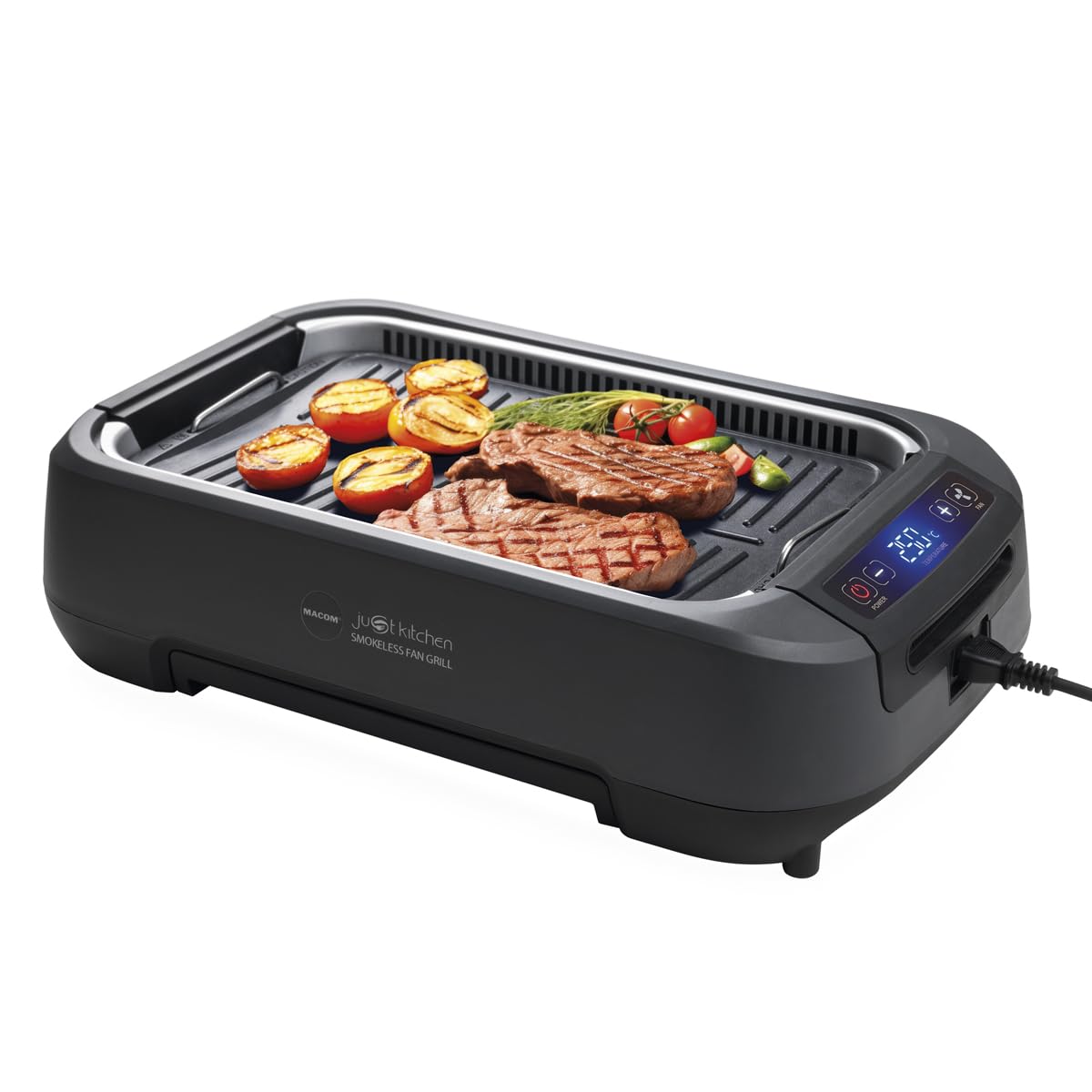 MACOM Griglia/Piastra Elettrica Con Cappa Aspirante Integrata e Doppio sistema filtrante,Indoor,Senza Fumo Senza Odori,Temperatura regolabile sino a 250°,1500W, Just Kitchen 849 Smokeless Fan Grill