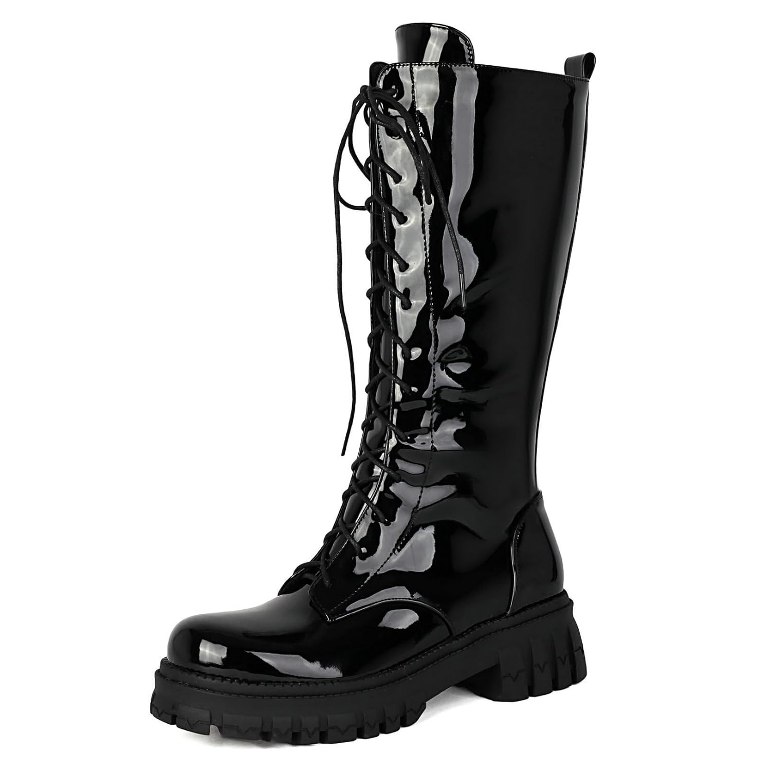 Parisuit Womens Lug Sole Platform Combat Boots Chunky Heel Knee High Goth Boots Lace Up Mid Calf Boots