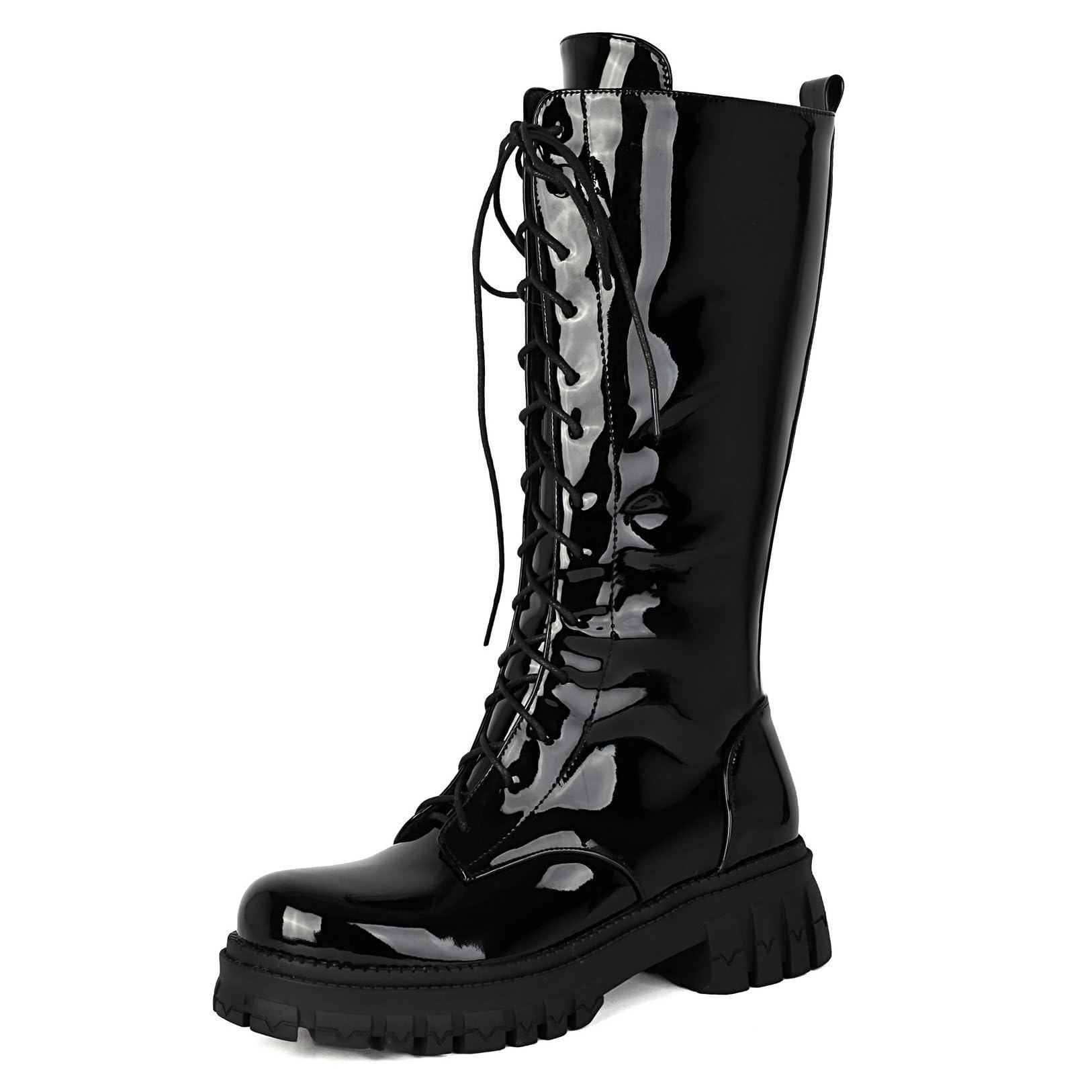 Parisuit Womens Lug Sole Platform Combat Boots Chunky Heel Knee High Goth Boots Lace Up Mid Calf Boots