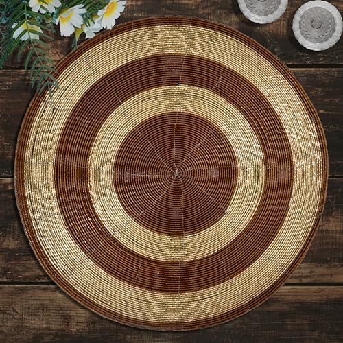 Decozen Beaded Round Placemats Set of 4, 14Inch Red Handcrafted Glass Bead Place Mats for Dining Table Decor, HeatResistant Rustic Farmhouse Table Setting, Charger Pads, Christmas Placemats