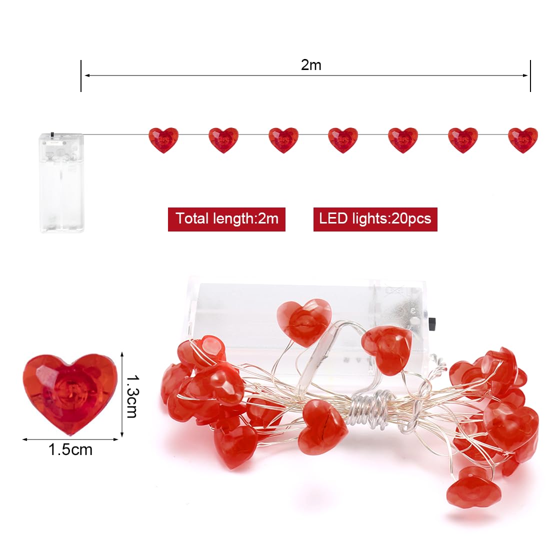 Łańcuch świetlny LED w kształcie serca, 200 cm, z 20 czerwonymi żarówkami, dekoracja na Walentynki, muzułmańska przysięga