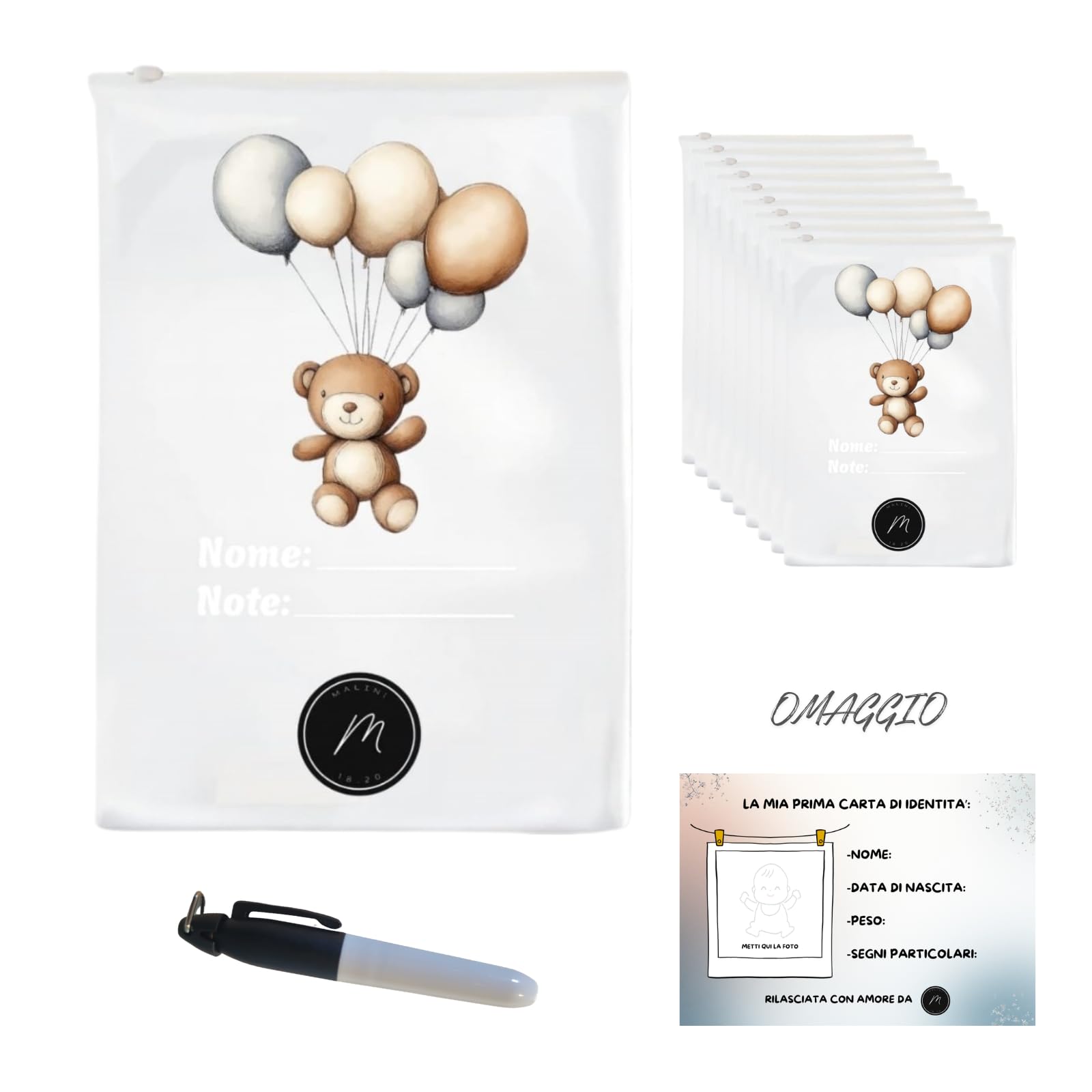 Malinì Set 10 Bustine Corredino Neonato con Zip - 10 Sacchetti Satinati Riutilizzabili per Borsa Parto Ospedale, Asilo e Viaggio – Idea Regalo Nascita Baby Shower