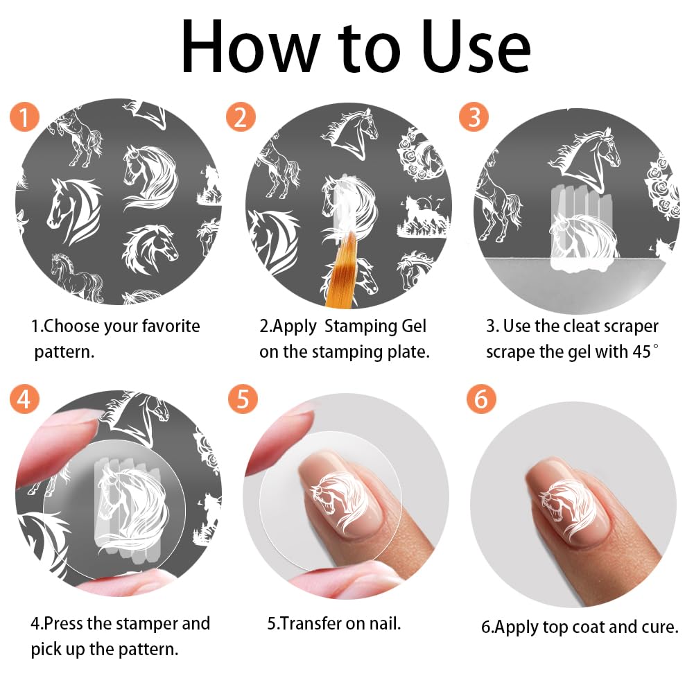 PH PandaHall 4 piastre per stampaggio unghie cavallo corsa modello nail art animali unghie arti stencil ferri di cavallo manicure design timbro unghie piastre immagine per donne manicure fai da te
