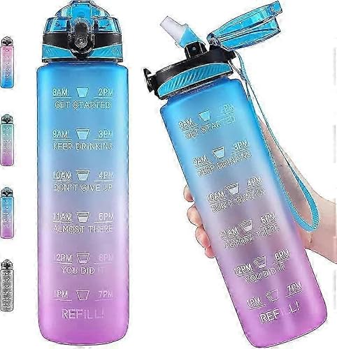 JOYHAPPST 32oz Motivational Fitness Sports Water Bottle With Time Marker Leakproof Flip Top