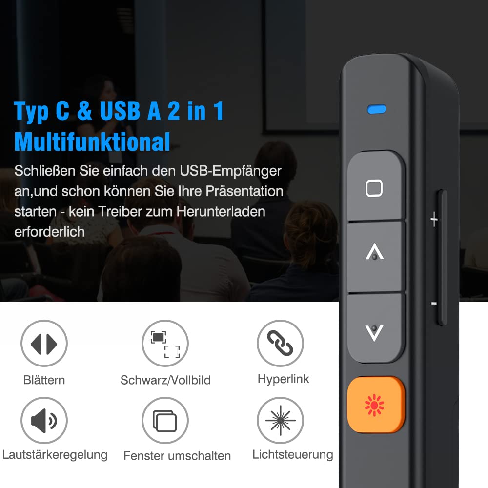 USB C Presenter für Mac, 2.4 GHz Wireless Presenter Verbindung via Typ C und USB Empfänger, Powerpoint Fernbedienung mit Stiftclip, Präsentationsfernbedienung für Windows,Mac IOS,Android,Vista,Linux