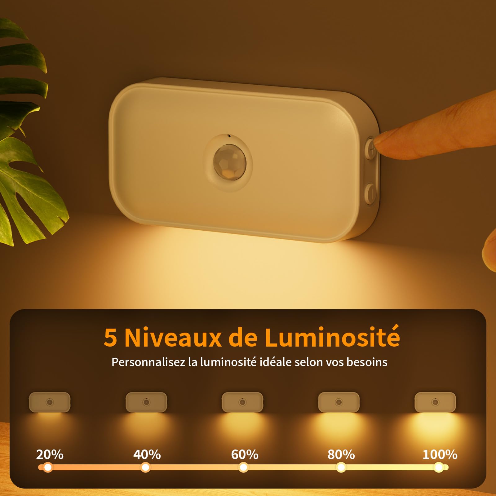Veilleuses avec Détecteur de Mouvement [Lot de 4], Rechargeable Lampe Nuit et 5 Niveaux Luminosité, 3 Modes(Auto/Off/Night), Veilleuses Enfant pour Chambre, Escalier, Couloir, 2700K Blanc Chaud