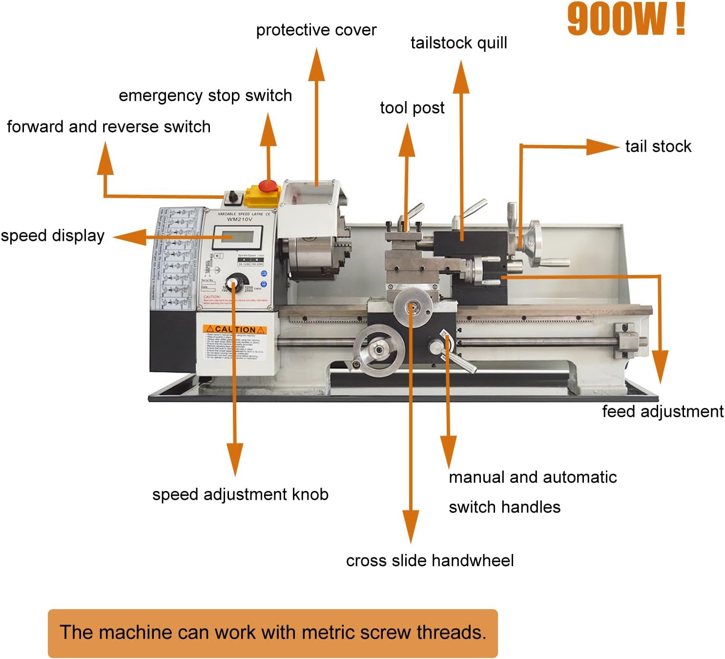 WM210V Precision Metal Bench Lathe Metalworking Lathe Bench Lathe Metal Bench Miniature Lathe Milling Machine Variable Speed Lathe 110V