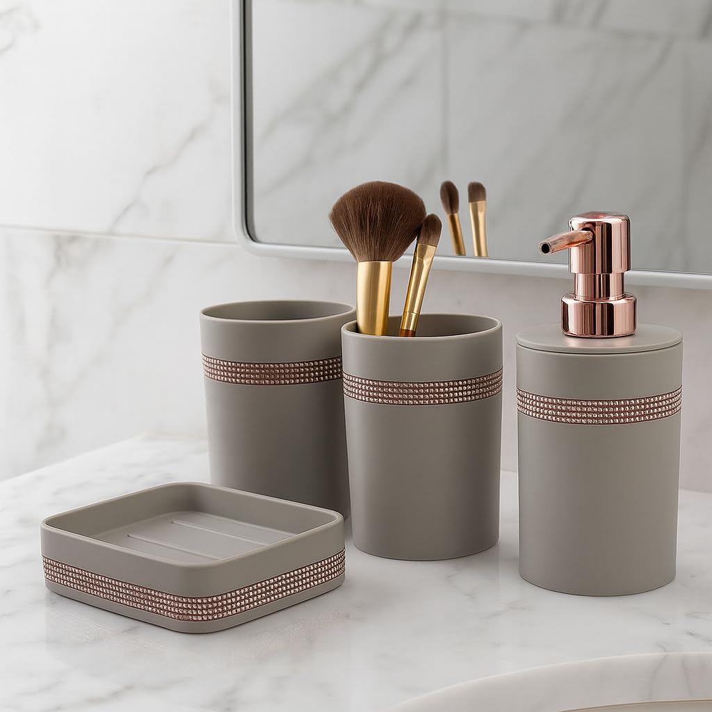 Decorative Grey Bathroom 4 Pcs Accessories Set - Soap Dish, Toothpaste Holder, Hand-Wash Despenser & Makeup Holder - إكسسوارات حمام - Toilet Sets, Kids bathroom ser, Home Decor Dispenser - حمام - Gift