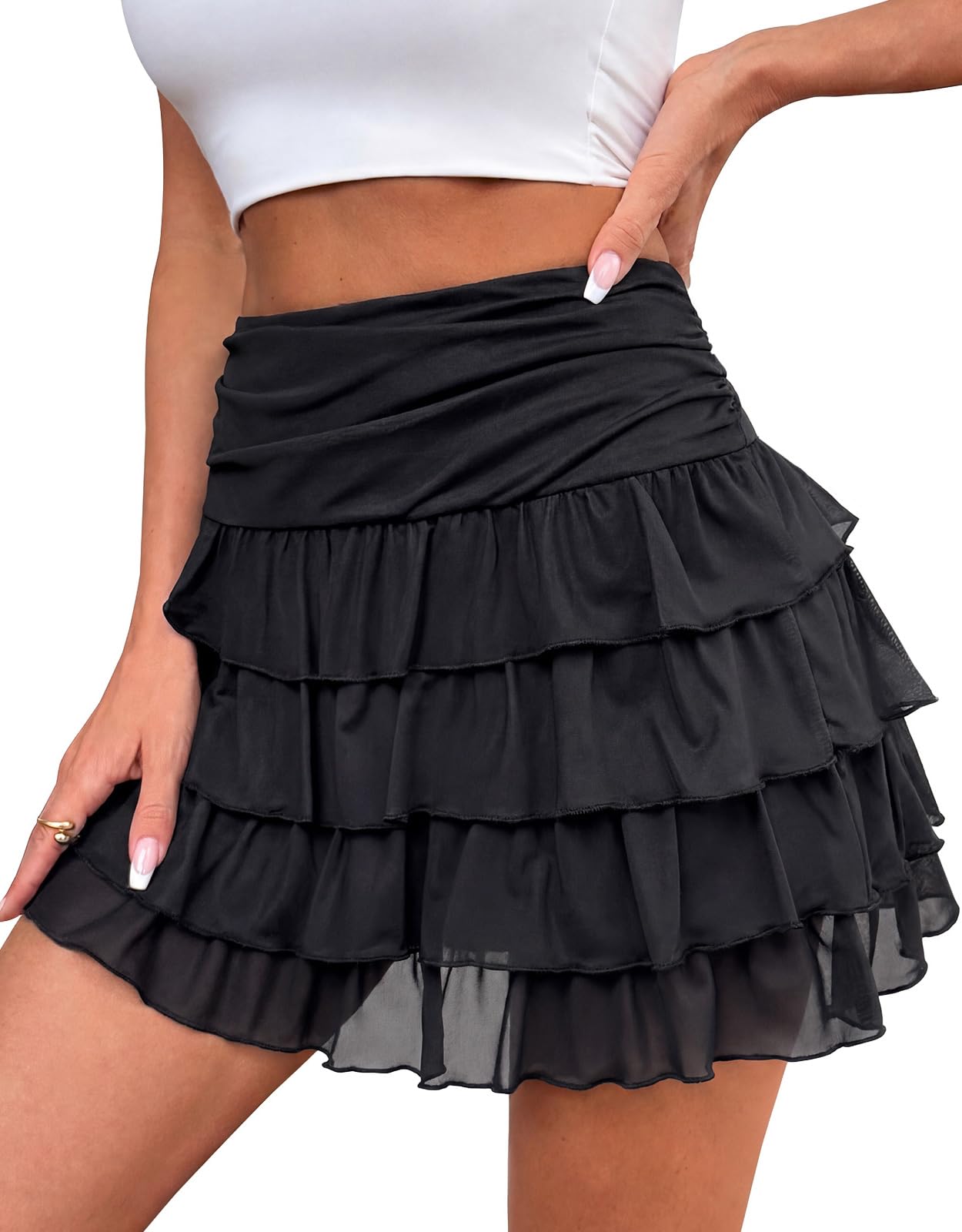 Mini Falda de Mujer Cintura Elástica Tul Capas con Pantalón Corto
