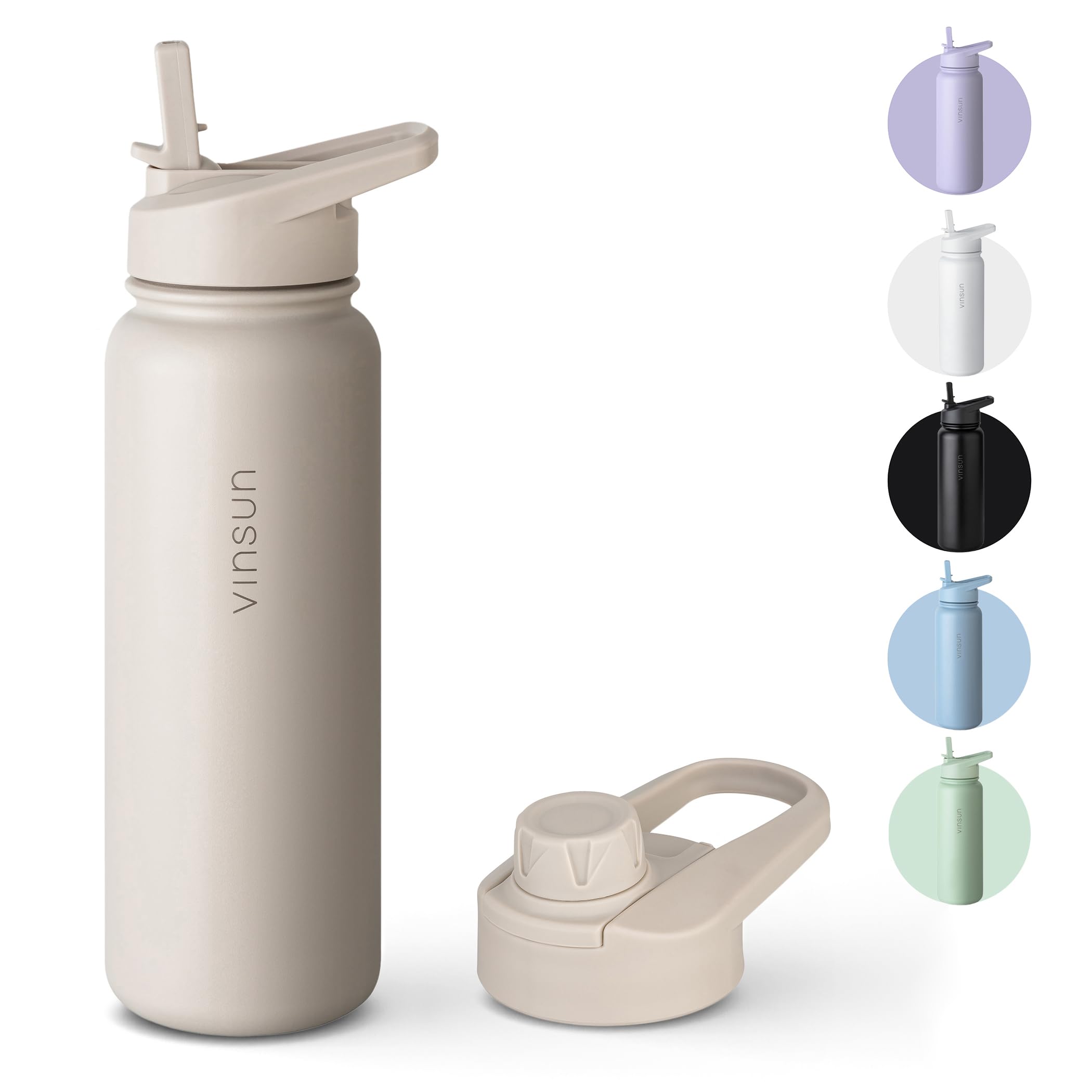 Vinsun Trinkflasche Edelstahl beige 750ml - auslaufsicher, Kohlensäure geeignet, BPA frei - Strohhalm, Trinköffnung - Thermosflasche Sport, Outdoor, Schule, Uni, Fahrrad, Büro, Camping