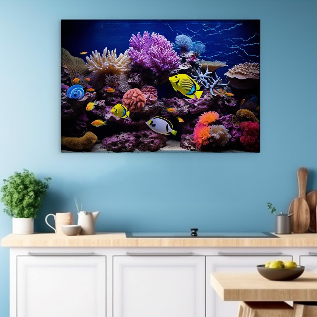 Canvas for Living room. Dive into the Deep Blue: A Kaleidoscope of Marine Life Amongst the Coral Symphony, 27 x 18 inch Canvas Wall Art - Ready to Hang