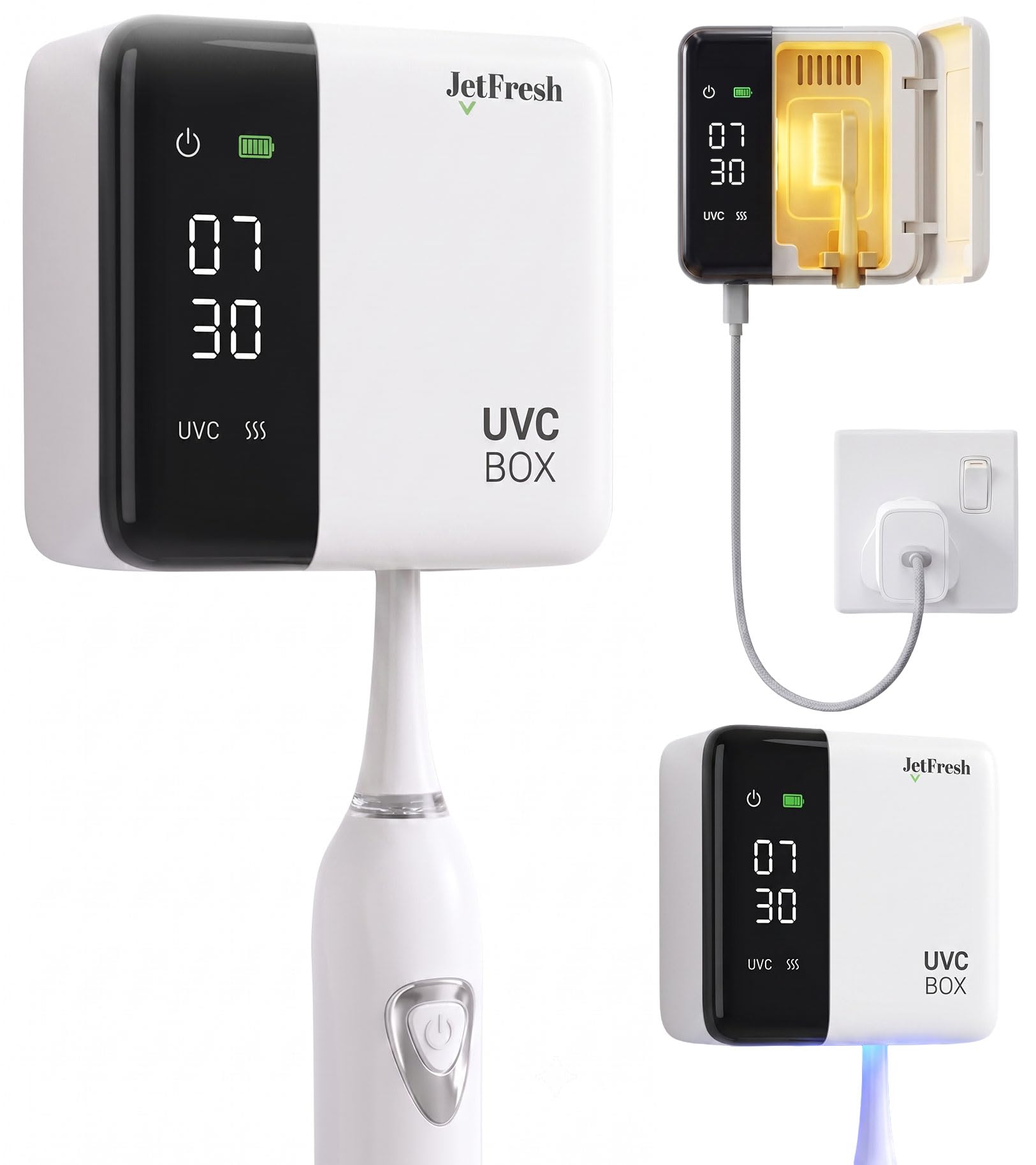 Jetfresh Porta spazzolino da denti UV e detergente con display a LED e asciugatura ad aria calda, supporto per spazzolino da denti UV per bagno, viaggi, design portatile ricaricabile, si adatta a