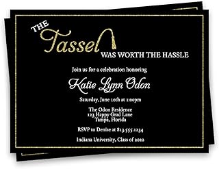 Graduation Invitations Open House Invites Grad Celebration Tassel Worth the Hassle Black Gold Customizable High School GED Military Graduates College Trade Personalized Custom Printed Cards (12 Count)