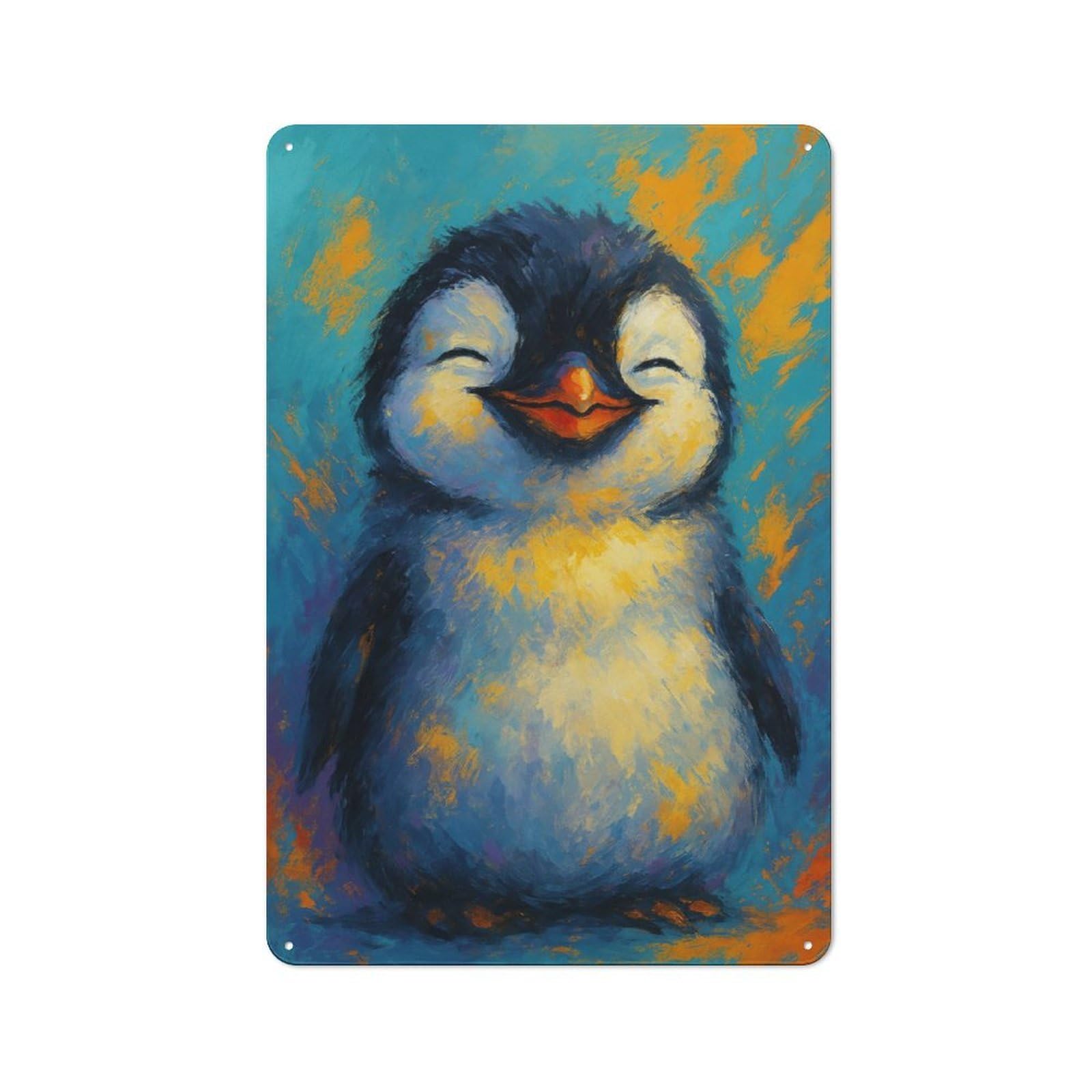 Vintage Tin Wall Sign 30x20cm Featuring Smiling Penguin Painting, Room Wall Plaque for Flat, Dorm Room, Lounge Or Cafe
