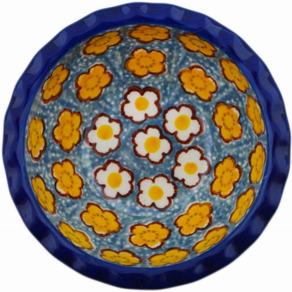 Polmedia Polish Pottery Scalloped Bowl 3-inch UNIKAT - Popcorn Daisies Pattern Handmade in Boleslawiec Poland by Ceramika Artystyczna + Certificate of Authenticity
