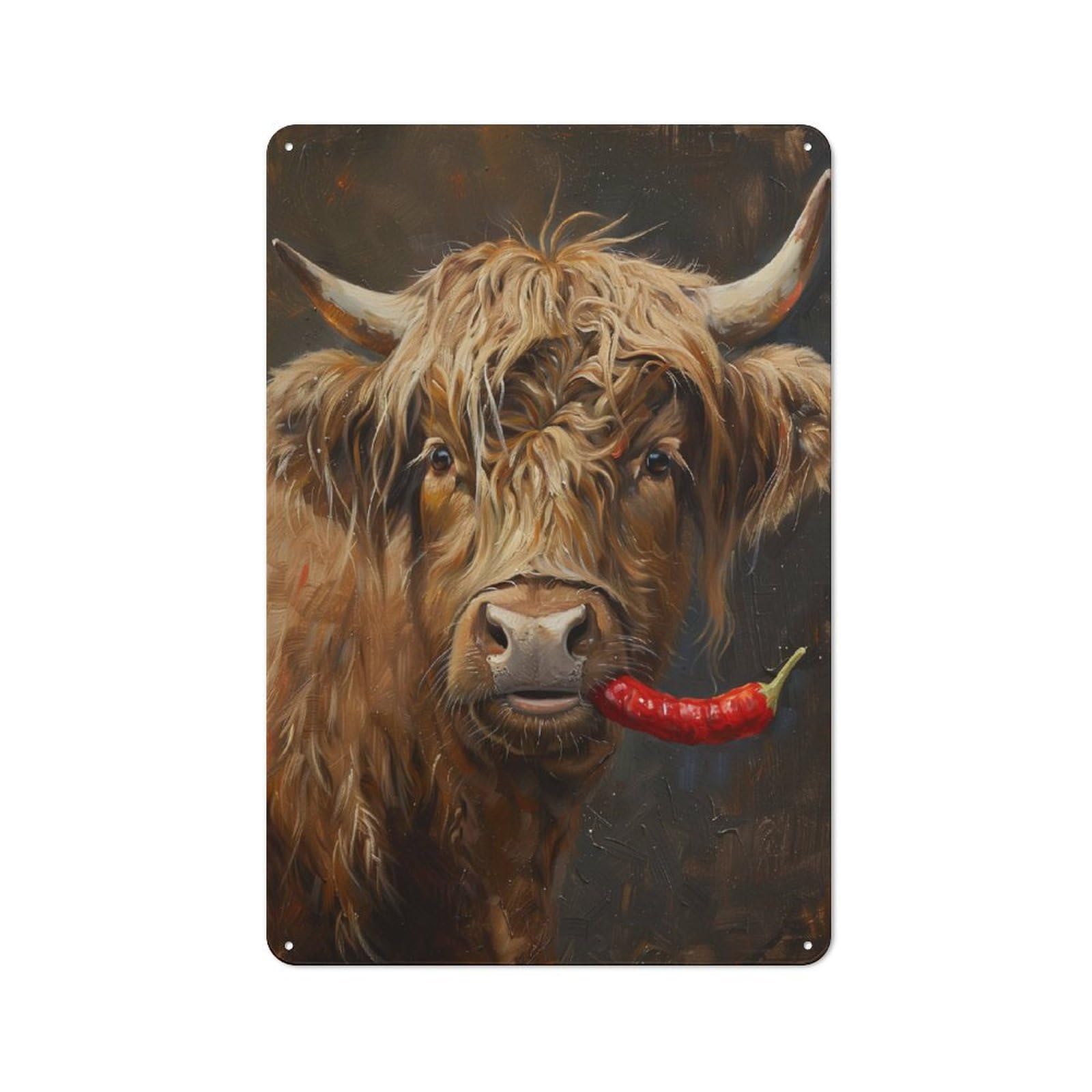 Junmoney Style-14 Industrial Tin Wall Sign 30X20cm Featuring Highland Cow Red Pepper, Urban Room Decor For Workspace, Cafe, Hallway Or Garage