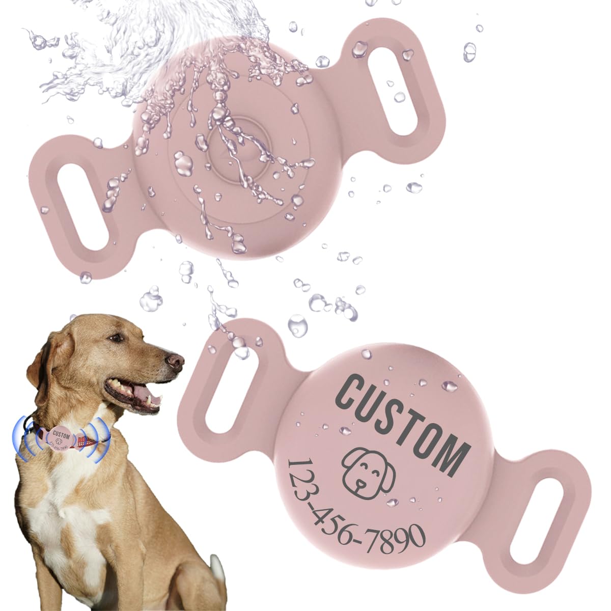 Customized Name Waterproof Holder for AirTag Dog Collar, Personalized Phone Number Address Soft Full-Body Protective Silicone Air Tags Holder for Dog