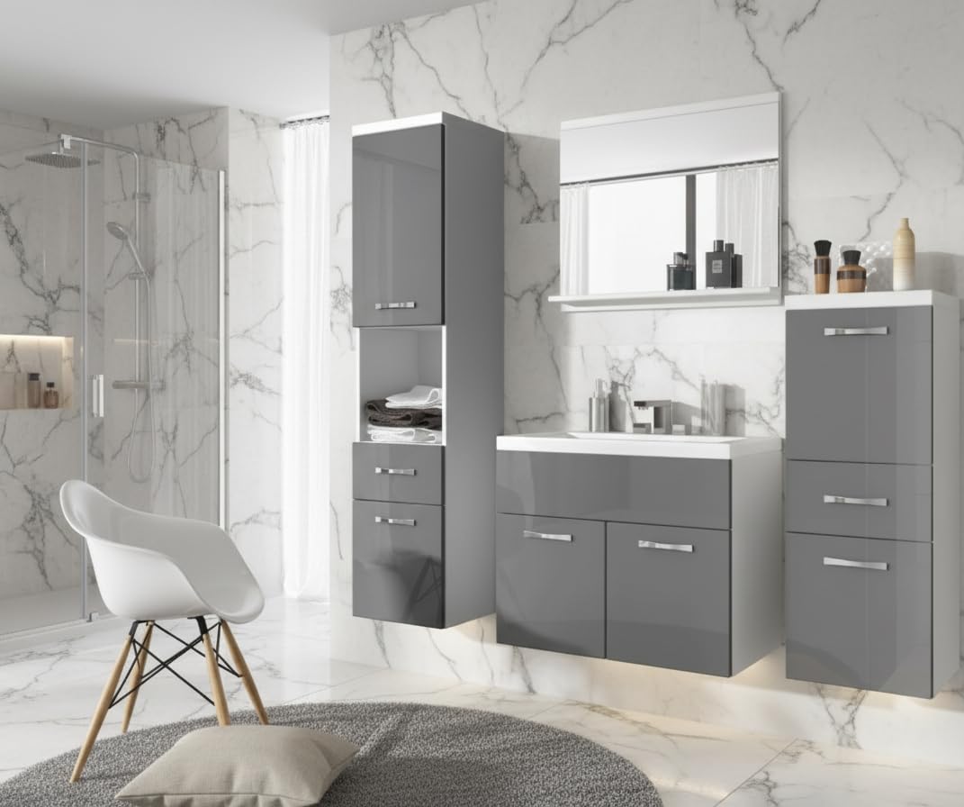 MINIO go for it - Badezimmer möbel ALO, 4-Teilig Badmöbel Set mit Spiegel | 1x Badezimmer Spiegel mit Ablage, 1x Waschtisch Mit Unterschrank, 2x Badezimmerschrank, Weiß Matt / Grau Hochglanz