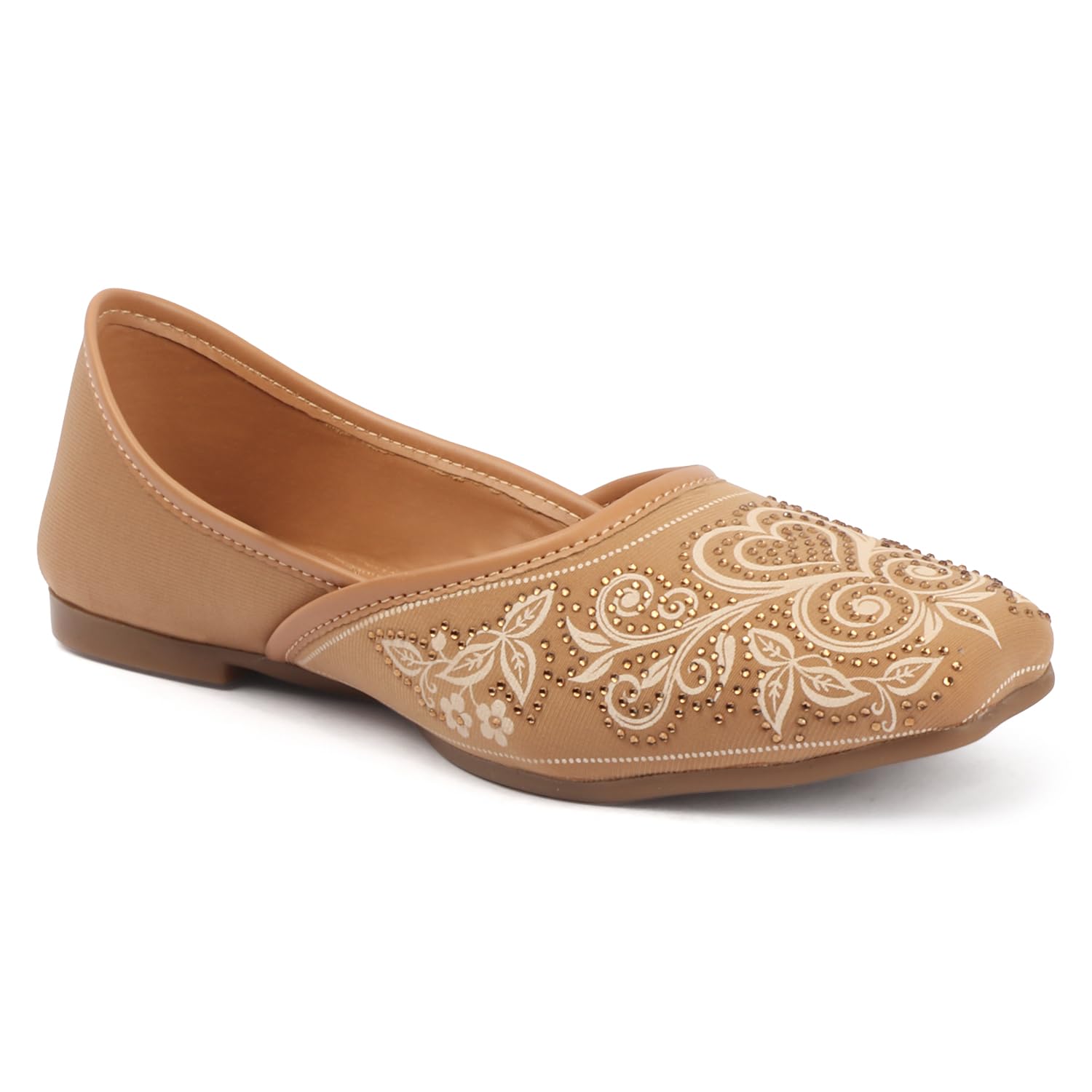 Women's Ballet Flats, Floral Embroidered with Gold Studded Detail, Slip-On Ethnic Ballerinas-image-25