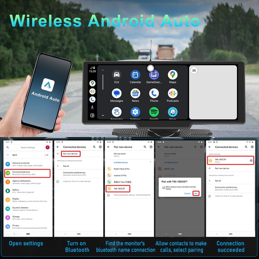 Monitor Auto 10,26 Pollici CarPlay Android Auto Schermo HD Bluetooth Trasmettitore FM Lettore Video