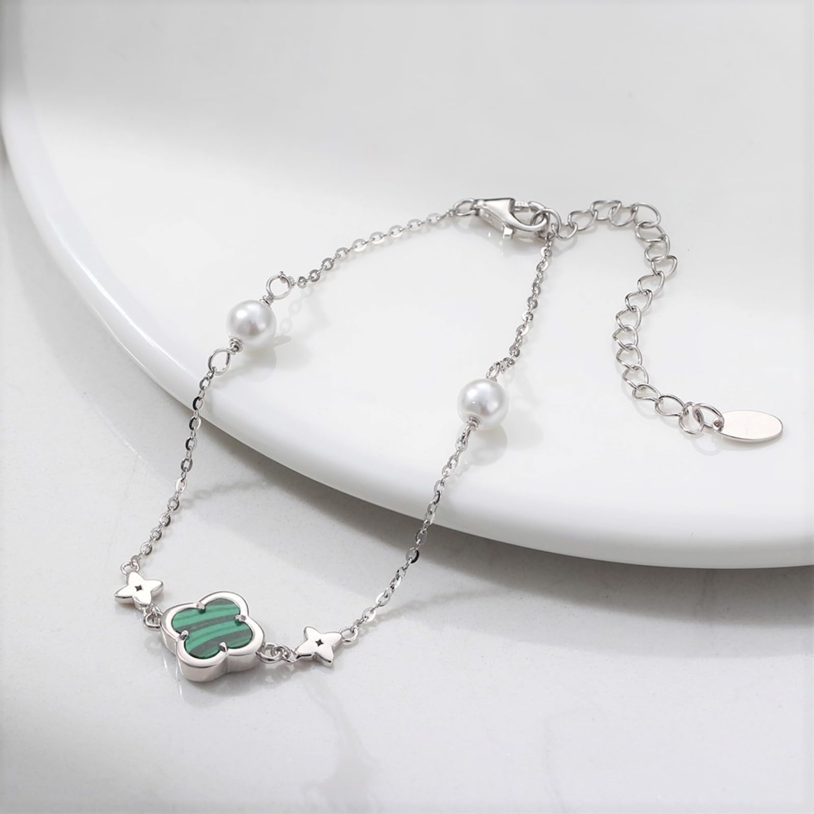 Pulsera de trébol para mujer, pulsera ajustable de plata de ley con perla y malaquita para novia, pulseras de la amistad, regalos para mujeres