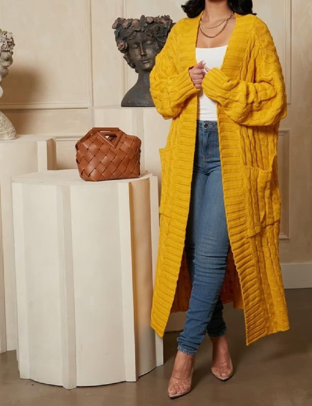 Womens Stylish Cable Knit Dual Chunky Cardigan with Pockets - Image 2