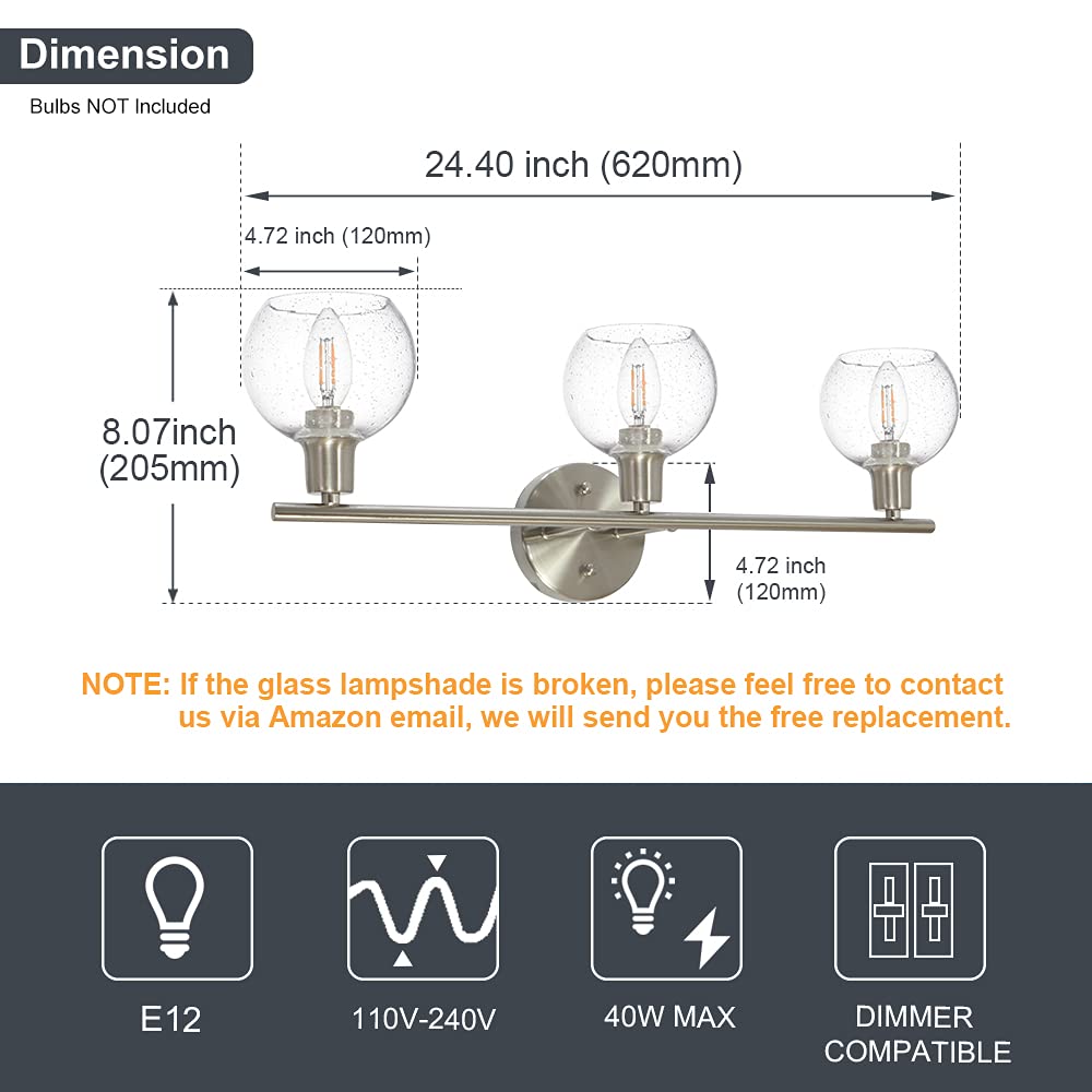 WINSHEN 3-Lights Brushed Nickel Bathroom Vanity Light Fixtures, Modern Wall Sconce Lighting with Globe Seeded Glass for Living Room Kitchen Over Mirror