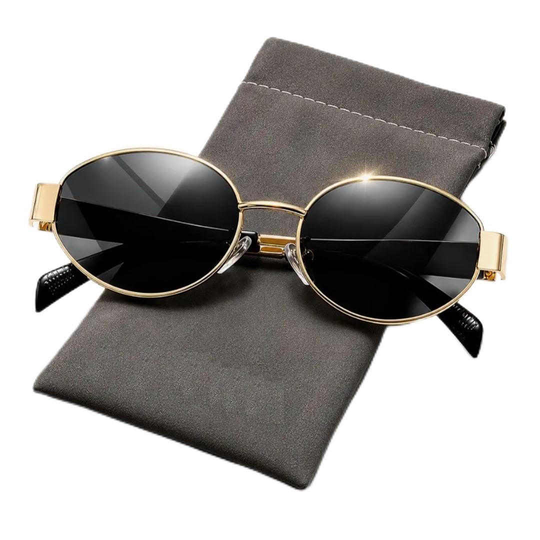 Spex point Round Sunglasses with Gold Metal Frame, Black Lens, Retro Style, Includes Pouch-image-43