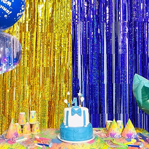 Image of BEISHIDA 4 Pcs Blue and Gold Party Streamers Fringe Foil Curtain Backdrop Tinsel Background Party Decoration for Door Wall Graduation Birthday Wedding Anniversary Party Decoration(3.28 Ft x 8.2 Ft)