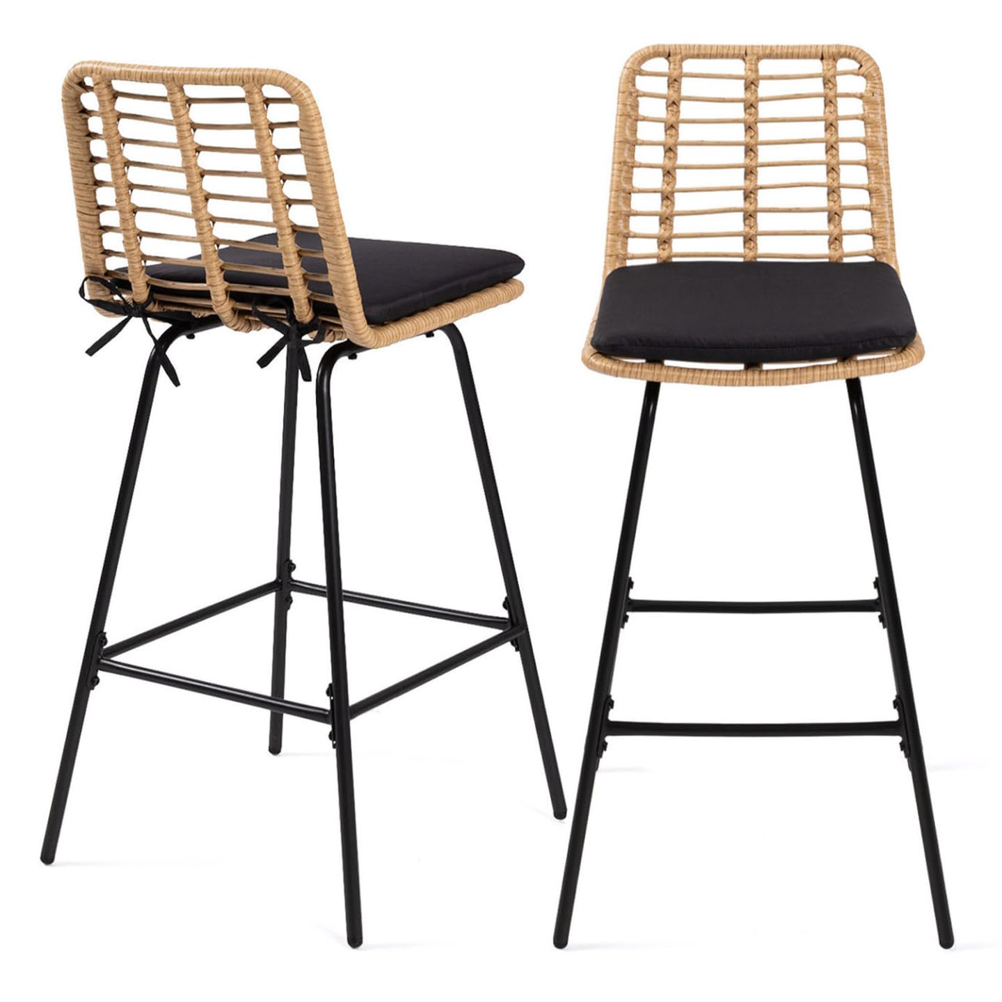 IDMarket – Juego de 2 taburetes de bar verano con efecto ratán de pie de metal, color negro