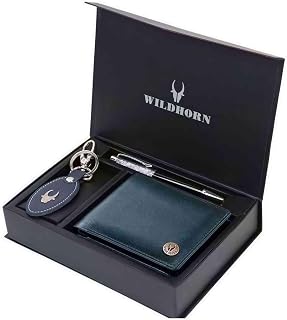 Leather Wallet, Keychain & Pen Combo I Gift Hamper for Men (Blue Crunch)