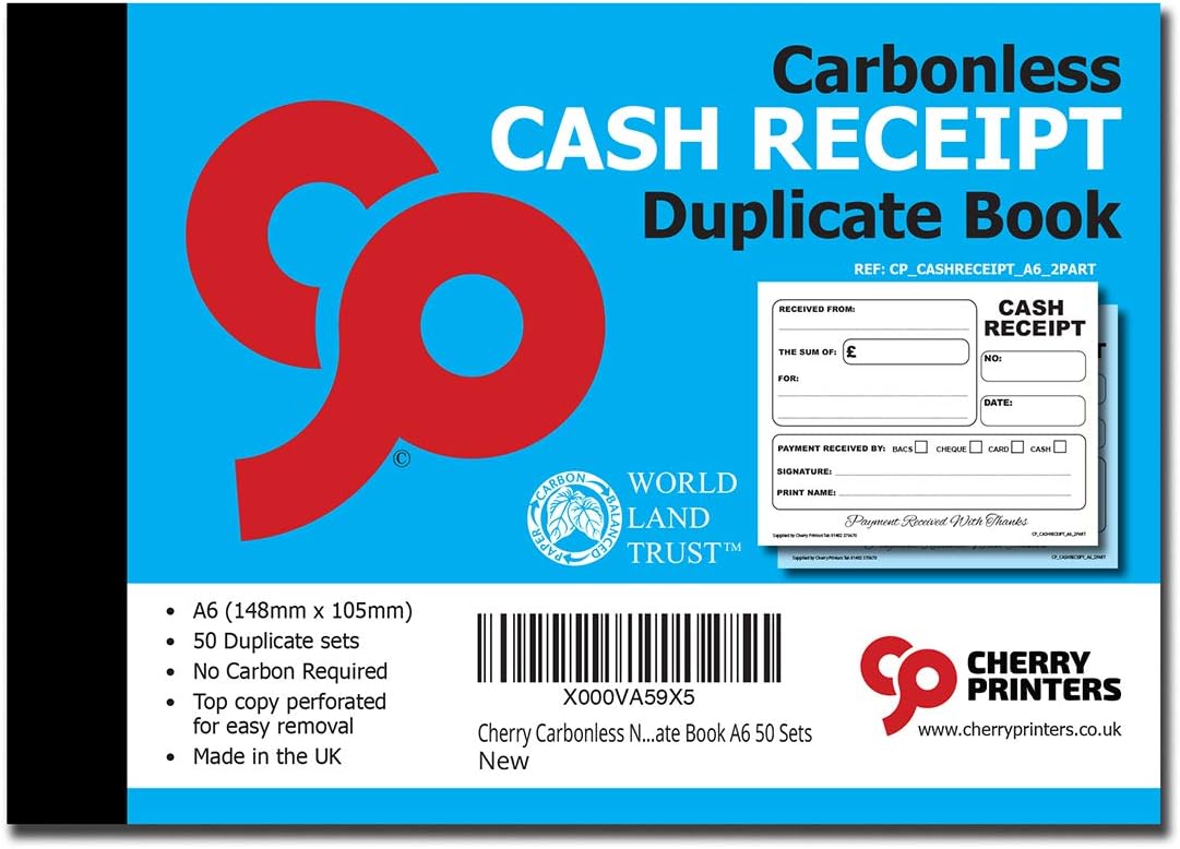 Cherry Printers | Carbonless Cash Receipt Book 2pt A6 | Duplicate NCR Receipt Book | 50 Duplicate Sets | No Carbon Required (NCR) | Perforated Tear Out Receipts | Small Business Receipt Pad