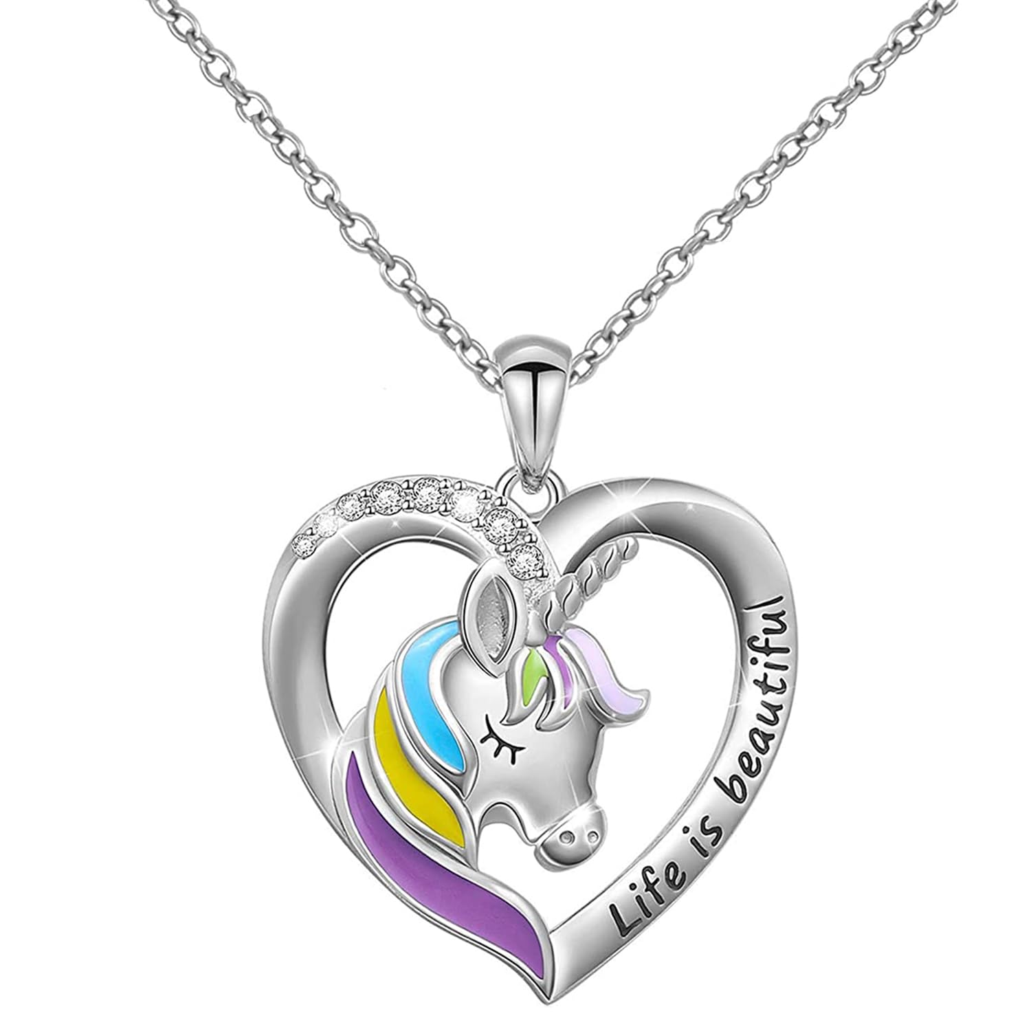 Multicolor Enamel Work 'Your are Beautiful' engraved Unicorn Shaped & Heart Pendant with Crystals for Women (PS1101853R)-image-37