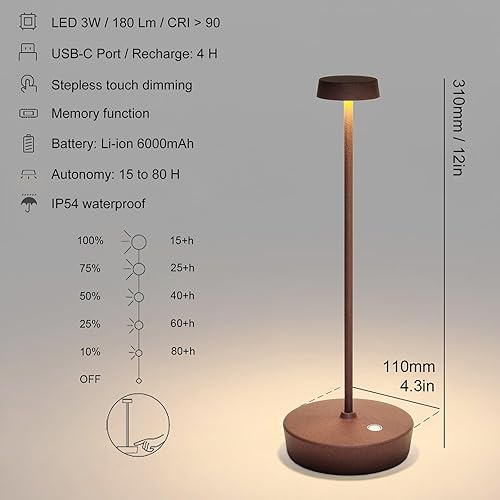 Miniatura 4 de Barryca Lámpara de mesa recargable inalámbrica, resistente al agua, portátil, 6000 mAh, funciona con pilas, lámpara de escritorio LED táctil